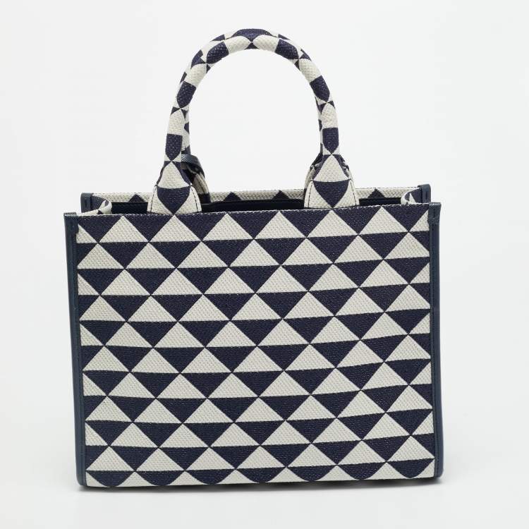 Pre Owned Prada Symbole Small Navy Blue/Chalk White Triangle Jacquard Canvas Tote