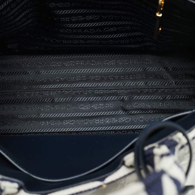 Pre Owned Prada Symbole Small Navy Blue/Chalk White Triangle Jacquard Canvas Tote