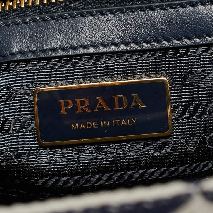 Pre Owned Prada Symbole Small Navy Blue/Chalk White Triangle Jacquard Canvas Tote