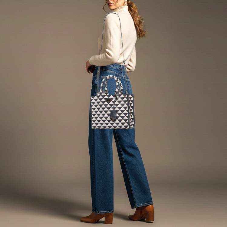 Pre Owned Prada Symbole Small Navy Blue/Chalk White Triangle Jacquard Canvas Tote