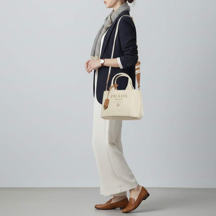 Pre Owned Prada Jardinière Small Beige/Natural Canvas Tote