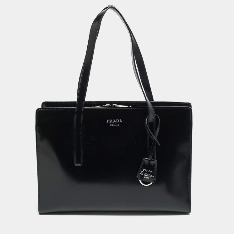 Pre Owned Prada Re Edition 1995 Black Glossy Leather Tote