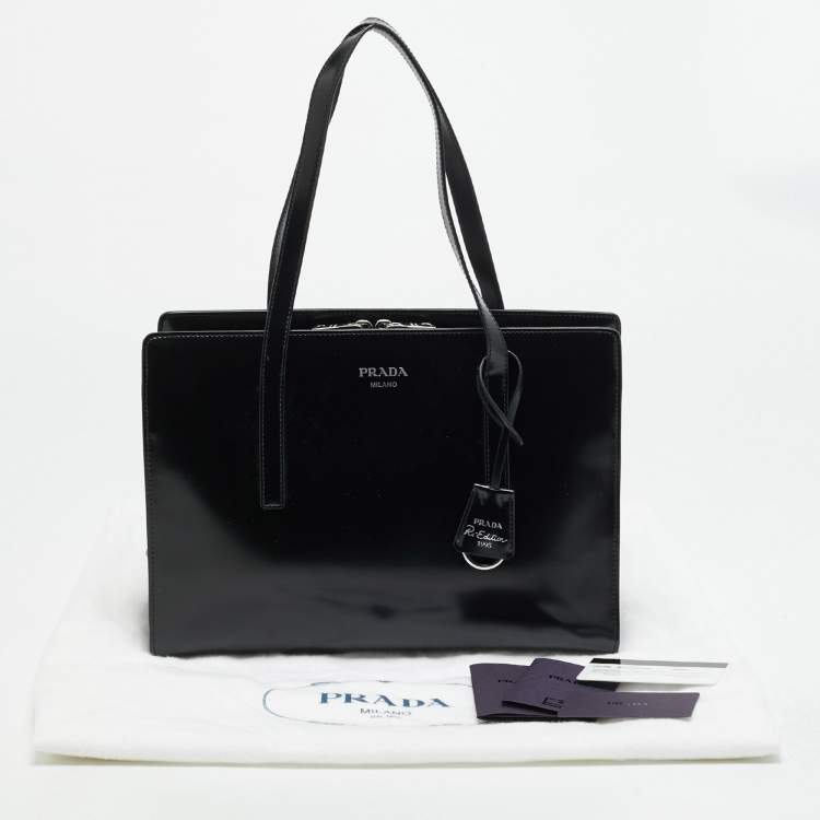 Pre Owned Prada Re Edition 1995 Black Glossy Leather Tote