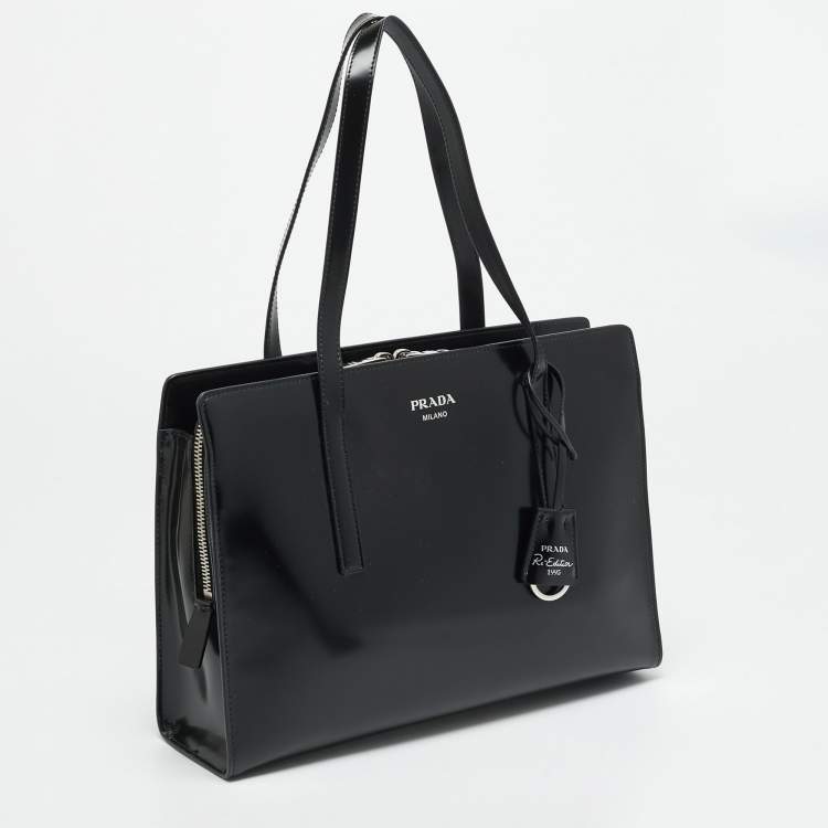 Pre Owned Prada Re Edition 1995 Black Glossy Leather Tote