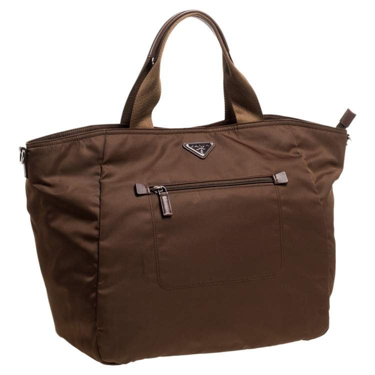 Pre Owned Prada Brown Tessuto Nylon Front Pocket Shopper Tote