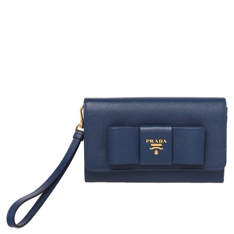 Pre Owned Prada Blue Saffiano Leather Bow Flap Wristlet