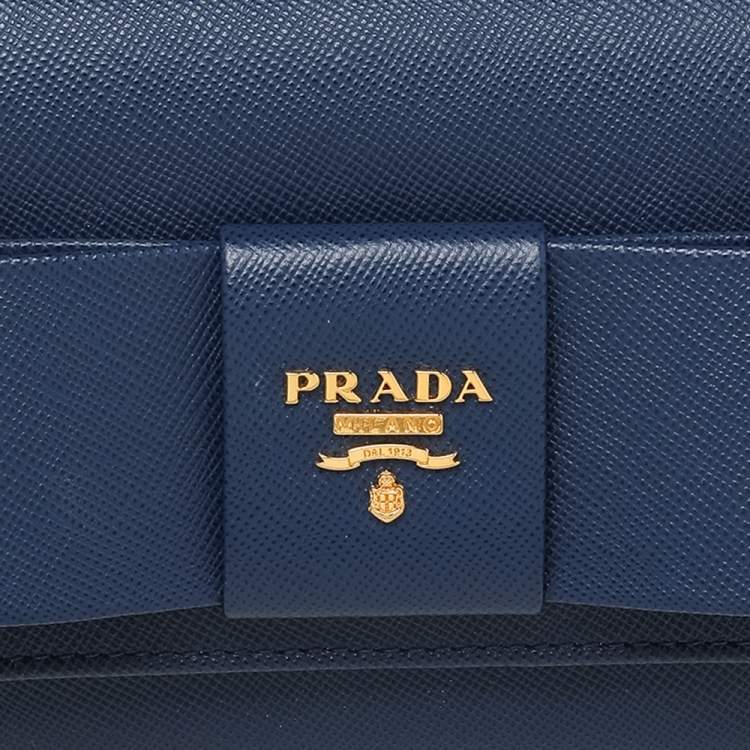 Pre Owned Prada Blue Saffiano Leather Bow Flap Wristlet