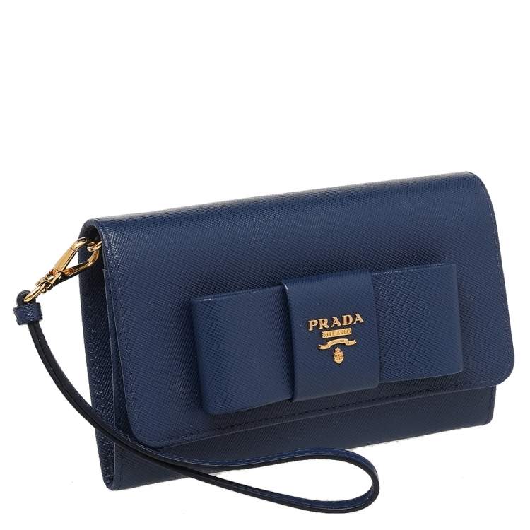 Pre Owned Prada Blue Saffiano Leather Bow Flap Wristlet
