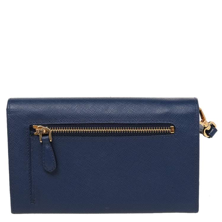 Pre Owned Prada Blue Saffiano Leather Bow Flap Wristlet
