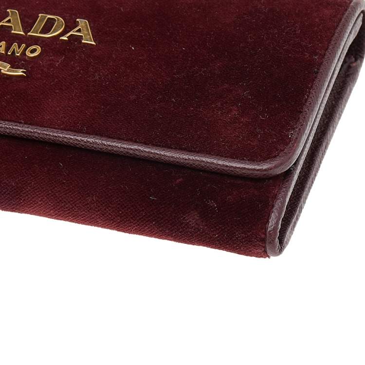 Pre Owned Prada Burgundy Velvet And Leather Flap Chain Wallet