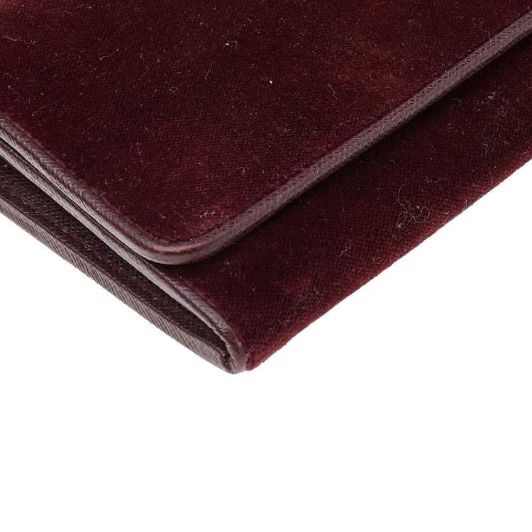 Pre Owned Prada Burgundy Velvet And Leather Flap Chain Wallet