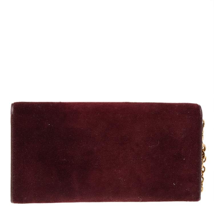 Pre Owned Prada Burgundy Velvet And Leather Flap Chain Wallet