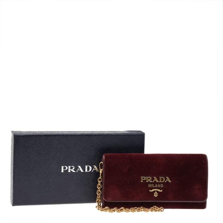 Pre Owned Prada Burgundy Velvet And Leather Flap Chain Wallet