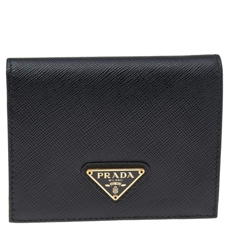 Prada shops black saffiano leather embossed logo bifold wallet