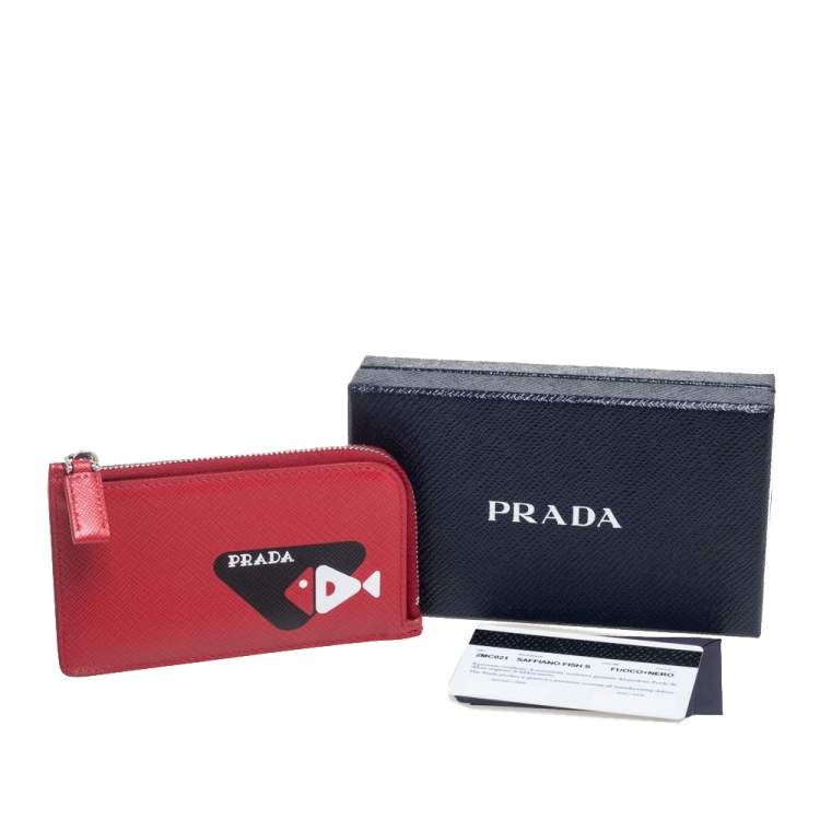 Pre Owned Prada Red Saffiano Leather Fish Sketch Zipped Card Holder