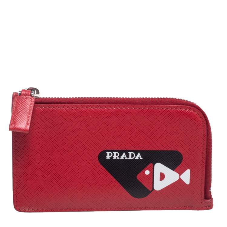 Pre Owned Prada Red Saffiano Leather Fish Sketch Zipped Card Holder