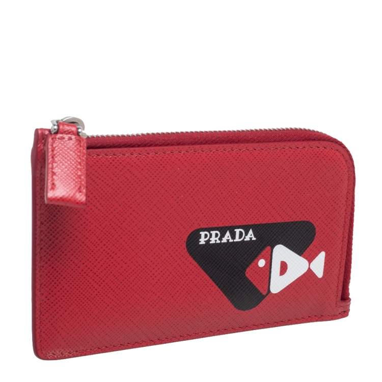 Pre Owned Prada Red Saffiano Leather Fish Sketch Zipped Card Holder