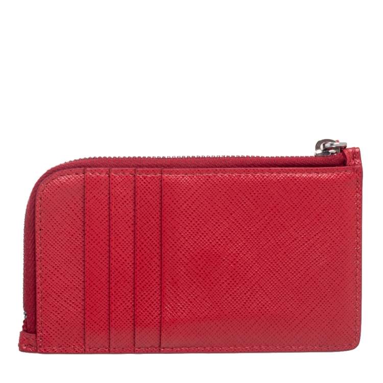 Pre Owned Prada Red Saffiano Leather Fish Sketch Zipped Card Holder