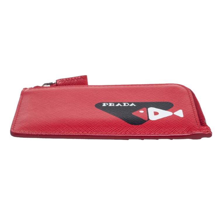 Pre Owned Prada Red Saffiano Leather Fish Sketch Zipped Card Holder