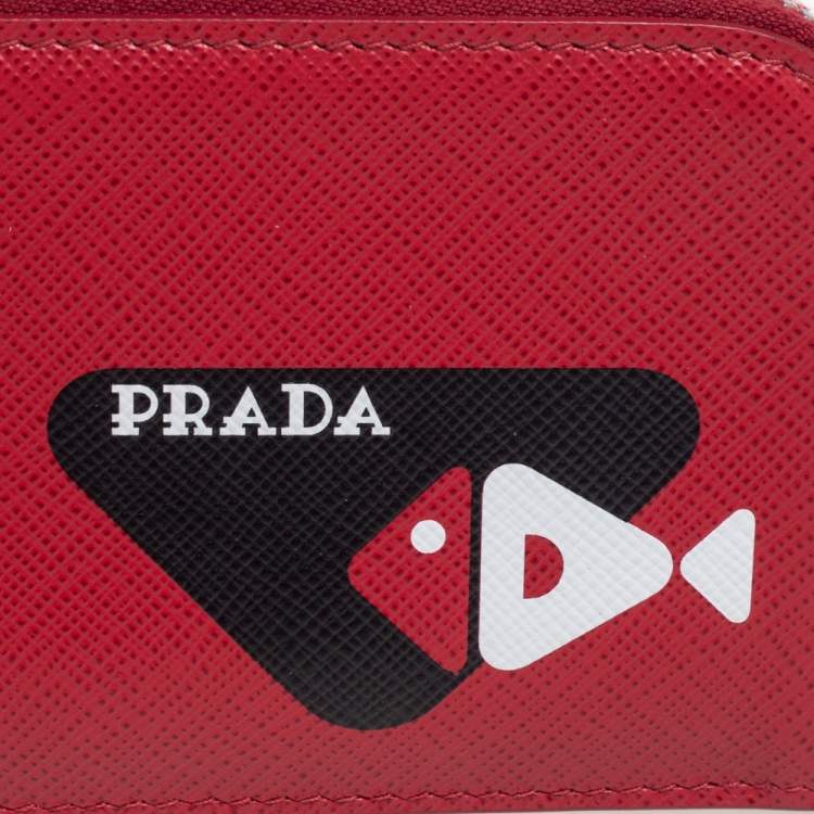 Pre Owned Prada Red Saffiano Leather Fish Sketch Zipped Card Holder