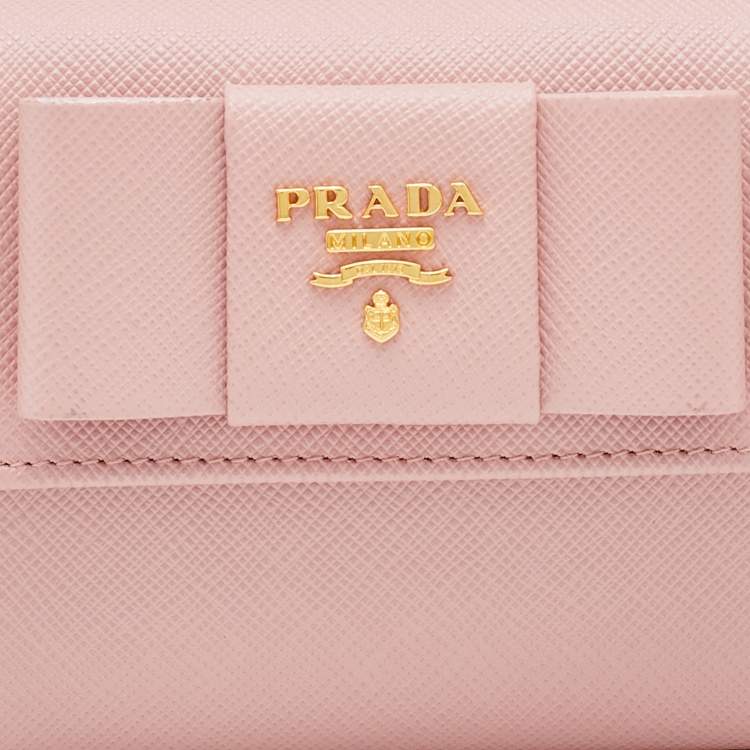 Pre Owned Prada Pink Saffiano Leather Bow Flap Compact Wallet