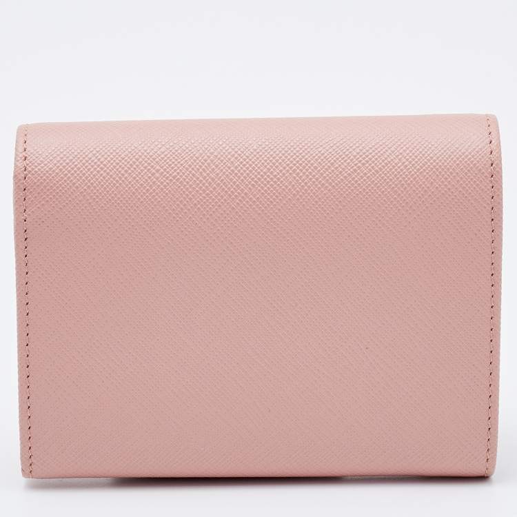Pre Owned Prada Pink Saffiano Leather Bow Flap Compact Wallet