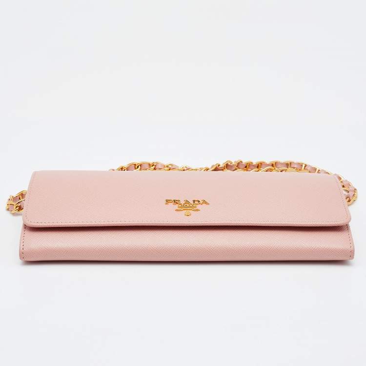 Pre Owned Prada Pink Saffiano Leather Wallet on Chain