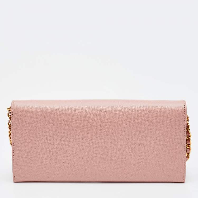 Pre Owned Prada Pink Saffiano Leather Wallet on Chain