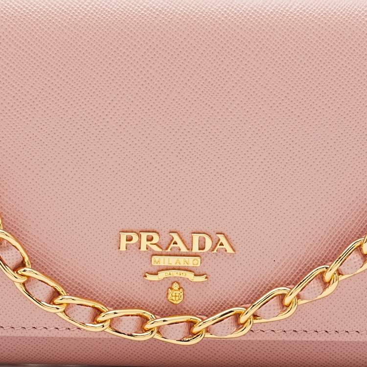Pre Owned Prada Pink Saffiano Leather Wallet on Chain