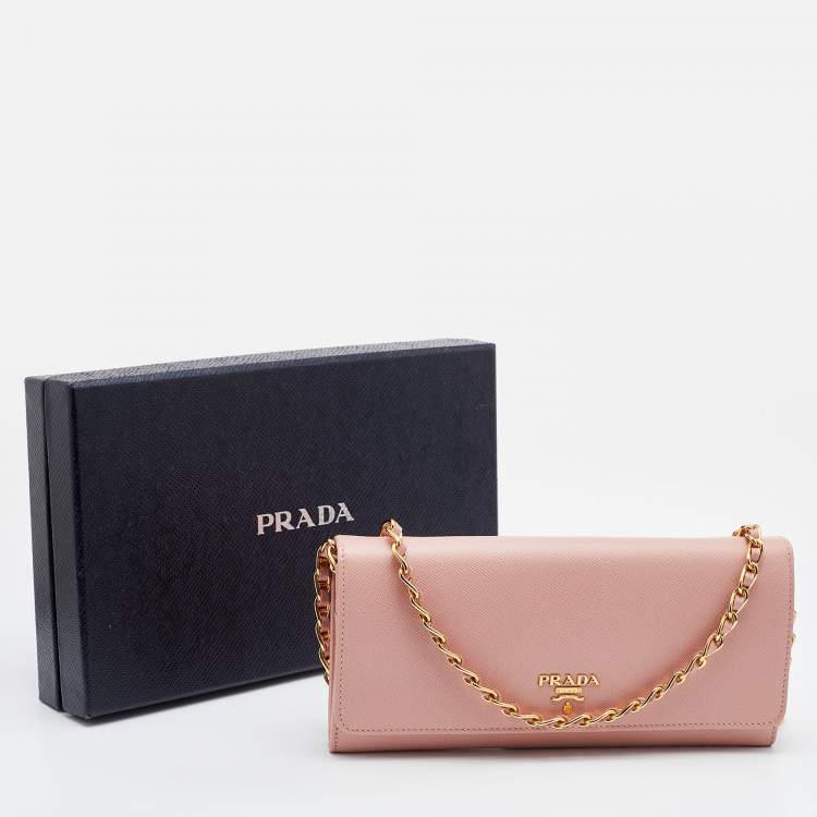 Pre Owned Prada Pink Saffiano Leather Wallet on Chain
