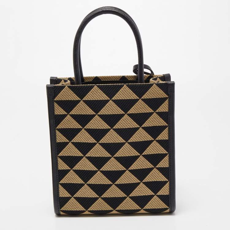 Pre Owned Prada Black/Cream Jacquard Fabric Symbole Embroidered Mini Tote
