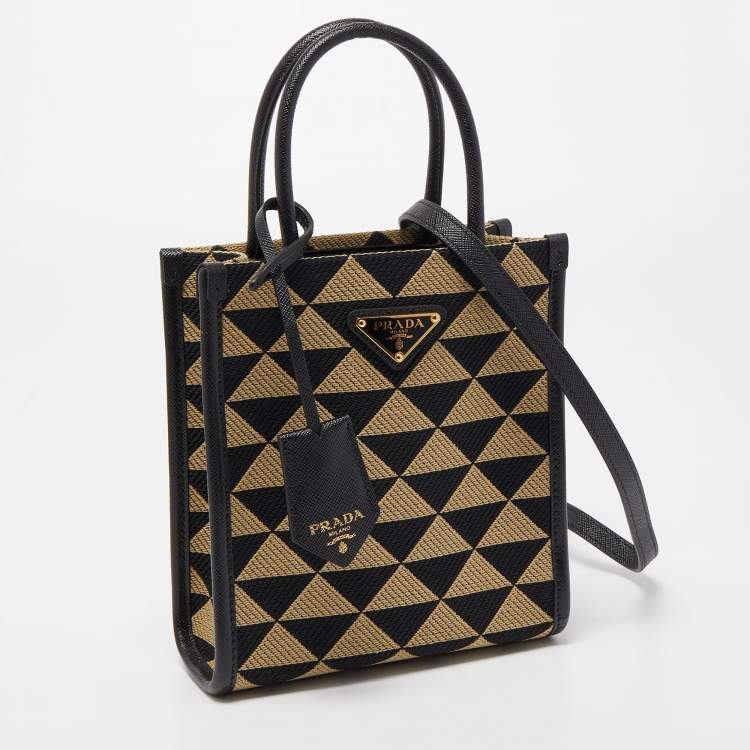 Pre Owned Prada Black/Cream Jacquard Fabric Symbole Embroidered Mini Tote