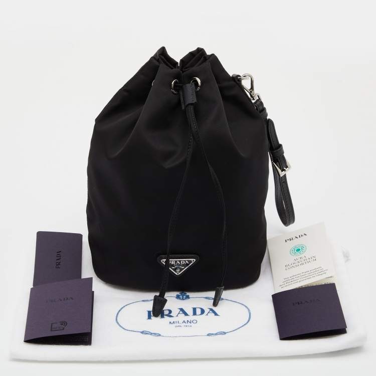 Pre Owned Prada Black Re-Nylon and Saffiano Leather Bucket Wristlet