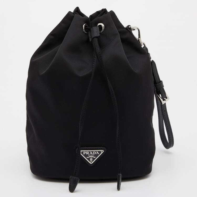 Pre Owned Prada Black Re-Nylon and Saffiano Leather Bucket Wristlet