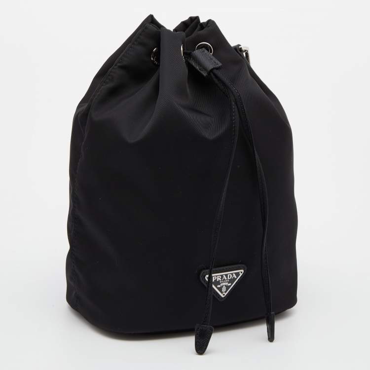 Pre Owned Prada Black Re-Nylon and Saffiano Leather Bucket Wristlet