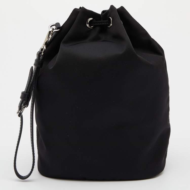 Pre Owned Prada Black Re-Nylon and Saffiano Leather Bucket Wristlet