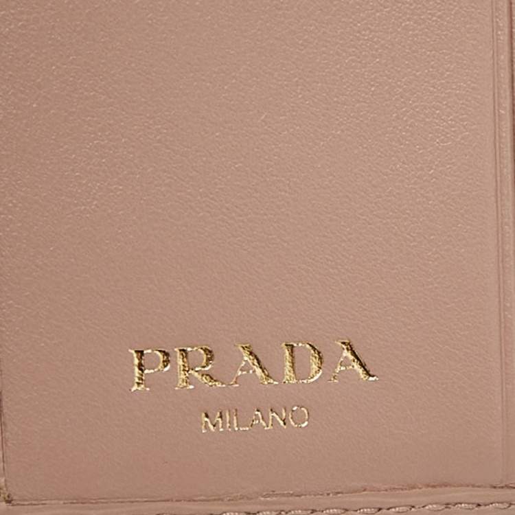 Pre Owned Prada Beige Vitello Metal Leather Logo Trifold Wallet