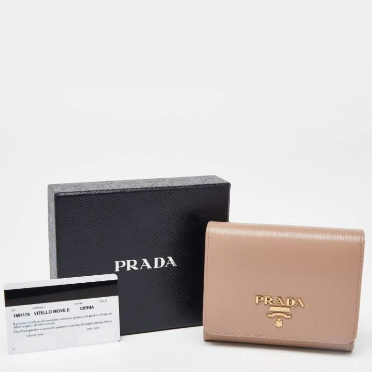 Pre Owned Prada Beige Vitello Metal Leather Logo Trifold Wallet