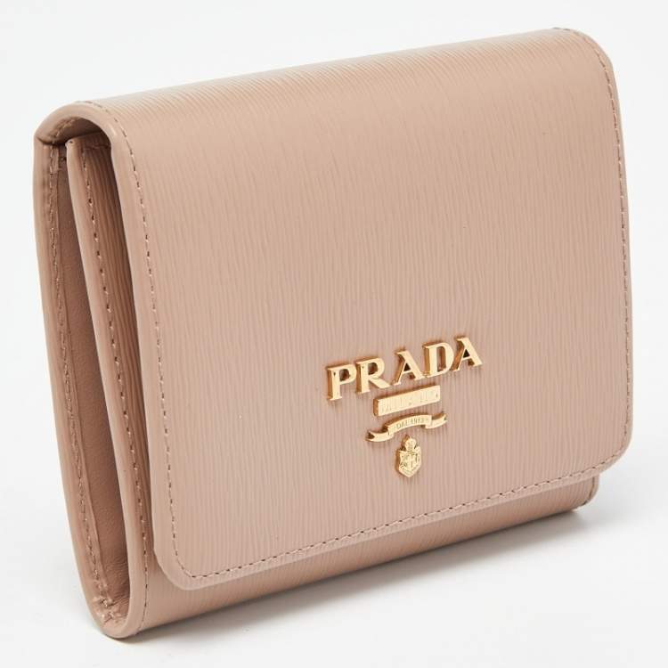 Pre Owned Prada Beige Vitello Metal Leather Logo Trifold Wallet