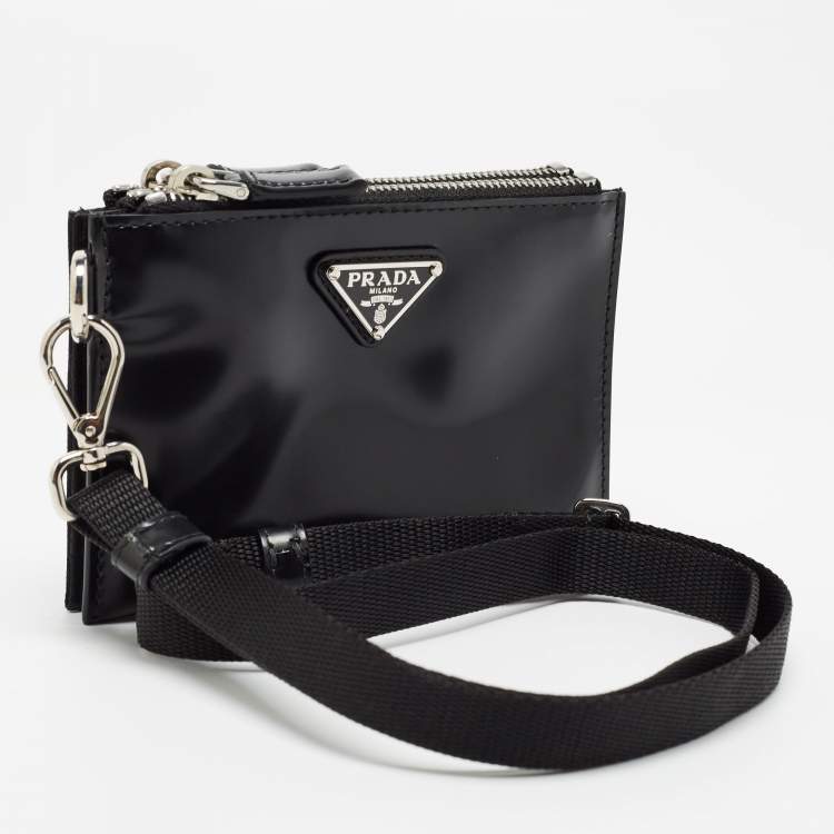 Pre Owned Prada Black Brushed Leather and Nylon Wristlet Pouch