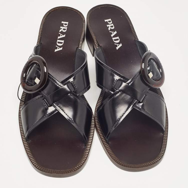 Pre Owned Prada Black Leather Slide Sandals Size 41