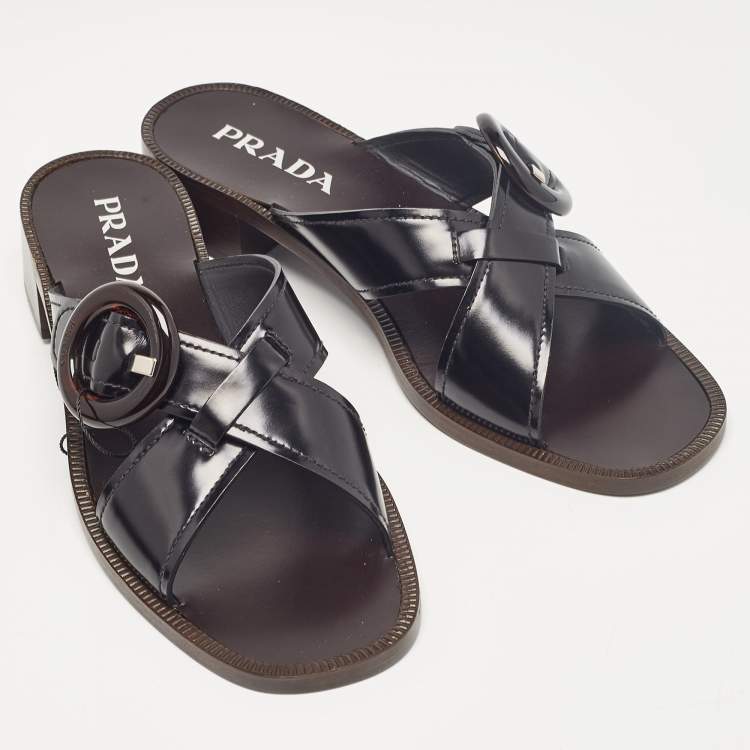Pre Owned Prada Black Leather Slide Sandals Size 41