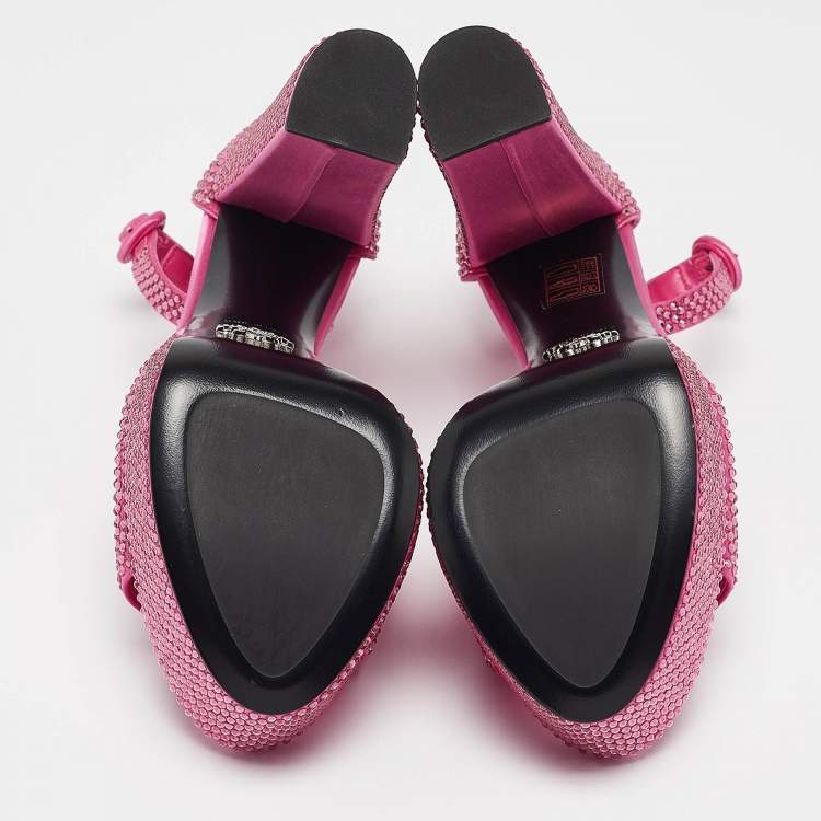 Pre Owned Prada Pink Satin Crystal Embellished Platform Ankle Strap Sandals Size 39