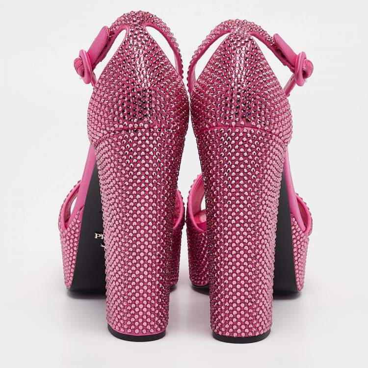 Pre Owned Prada Pink Satin Crystal Embellished Platform Ankle Strap Sandals Size 39