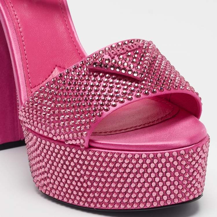 Pre Owned Prada Pink Satin Crystal Embellished Platform Ankle Strap Sandals Size 39
