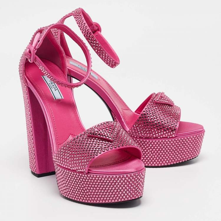 Pre Owned Prada Pink Satin Crystal Embellished Platform Ankle Strap Sandals Size 39