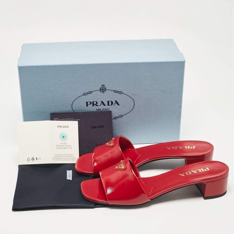 Pre Owned Prada Red Saffiano Patent Leather Block Heel Slide Sandals Size 39