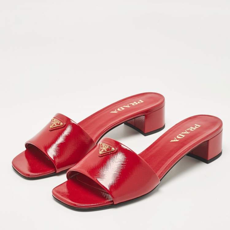 Pre Owned Prada Red Saffiano Patent Leather Block Heel Slide Sandals Size 39
