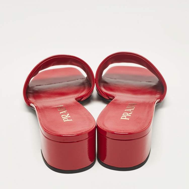 Pre Owned Prada Red Saffiano Patent Leather Block Heel Slide Sandals Size 39