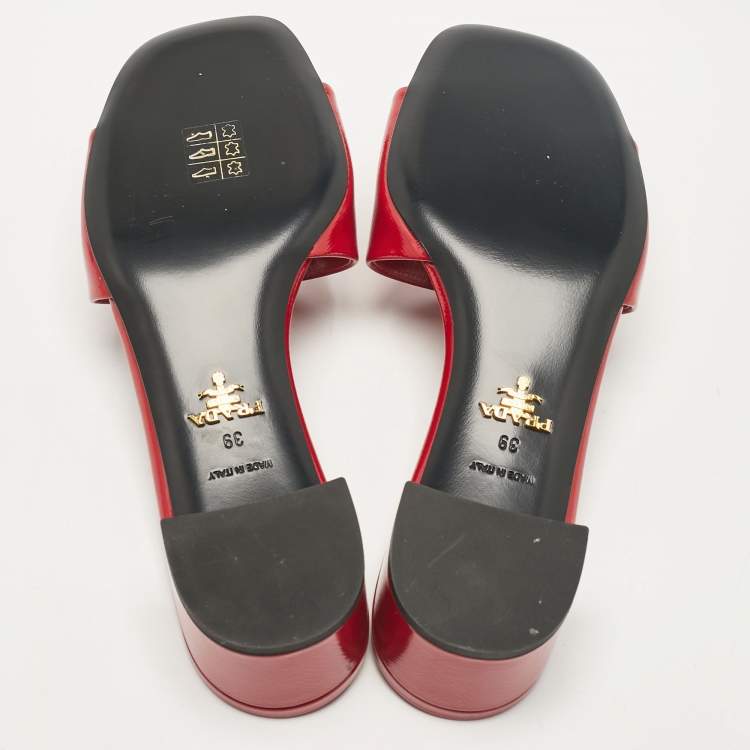 Pre Owned Prada Red Saffiano Patent Leather Block Heel Slide Sandals Size 39